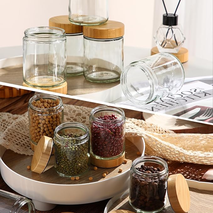 Norme 24 Pcs 8 oz Glass Jars with Lids Empty Small Glass Containers and Inner Liners Reusable Cosmetic Jars Round Airtight Bottles with Plastic Woodgrain Lids for Travel