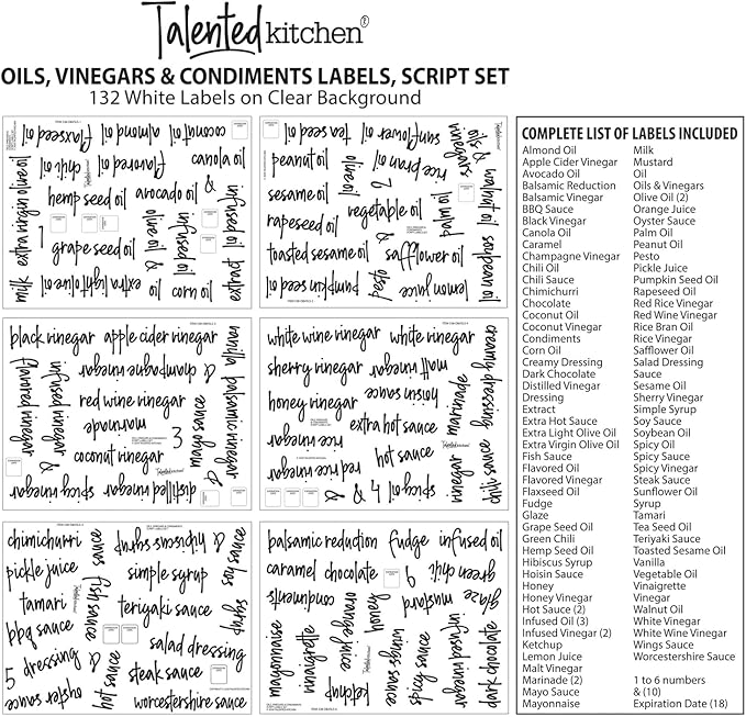 Talented Kitchen Labels for Oil Bottles & Vinegar Dispensers - 132-Count White Vinyl Glossy - Various Sizes - Oil Bottle Stickers & Condiment Labels for Kitchen Organization