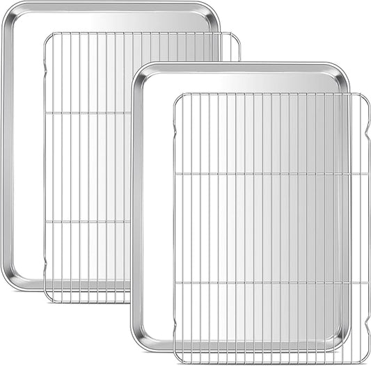 E-far Large Baking Sheet with Wire Rack (2 Pans + 2 Racks), 20 x 14 Inch Stainless Steel Cookie Pans Tray & Cooling Rack for Baking, Non Toxic & Heavy Duty & Rust Free, Oven & Dishwasher Safe