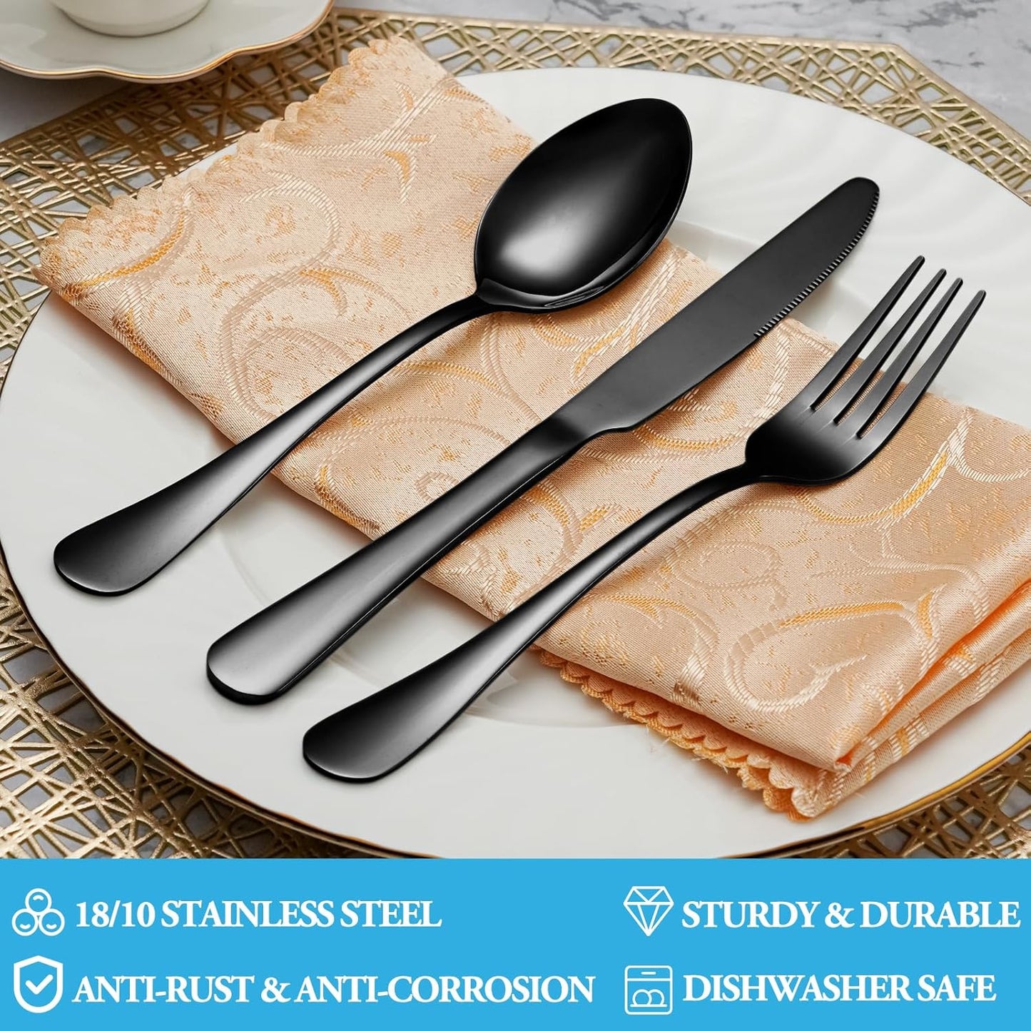 30 Pcs Black Silverware Set, Stainless Steel Flatware Set Service for 6, Mirror Polished Cutlery Utensil Set, Durable Home Kitchen Eating Tableware Set, Include Fork Knife Spoon Set, Dishwasher Safe