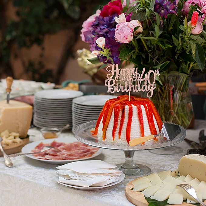1 PCS Happy 40th Birthday Cake Topper Glitter Cheers to 40 Years Birthday Cake Pick 40 Fabulous Cake Decoration for Happy 40th Birthday Anniversary Party Decorations Supplies Rose Gold