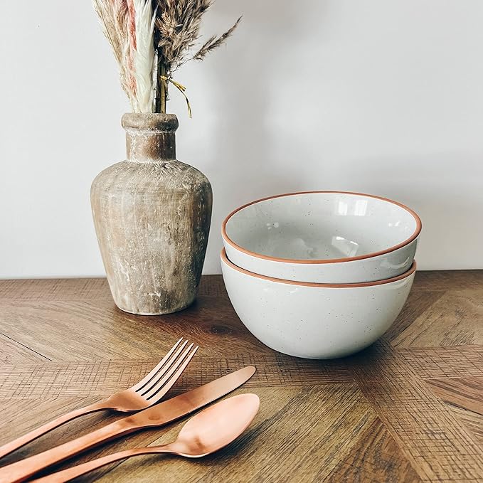 Mora Ceramic Bowls For Kitchen, 28oz - Bowl Set of 4 - For Cereal, Salad, Pasta, Soup, Dessert, Serving etc - Dishwasher, Microwave, and Oven Safe - For Breakfast, Lunch and Dinner - Vanilla & Grey