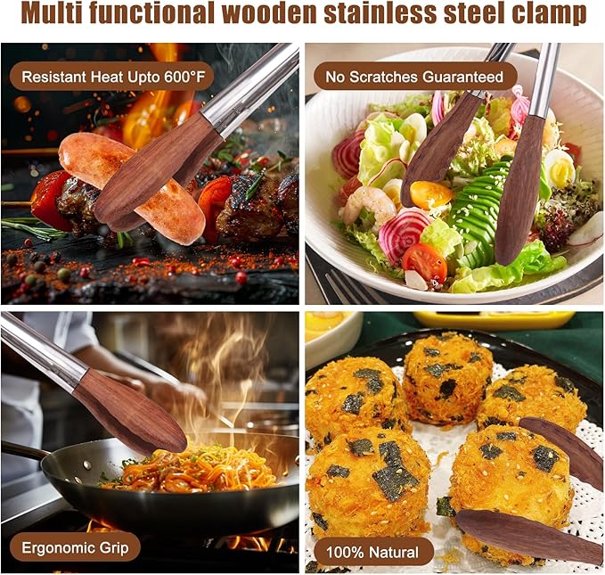 2-pcsTongs for Cooking with Wooden Tips - Nonstick Cooking Tongs & Salad Tongs for Blooming Food，Cooking, BBQ and Tossing Salad - Made of Natural Walnut Wood，Long Style15inch Short Style 11.4inch