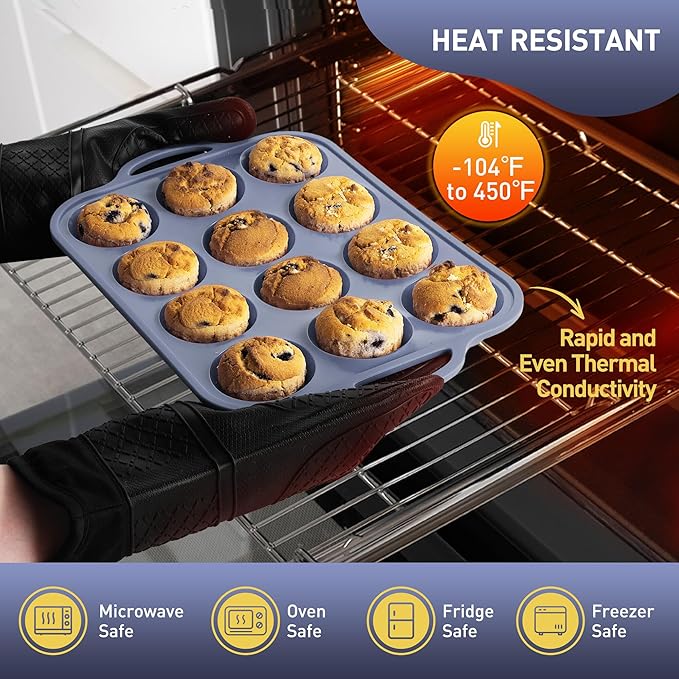 2 Packs 12 Cups Silicone Muffin Pan with Metal Reinforced Frame Regular Size Cupcake Pan Tray Egg Bites Silicone Circle Cookie Molds Muffin Tin Bread Loaf Pans for Homemade Reusable Tart Pans