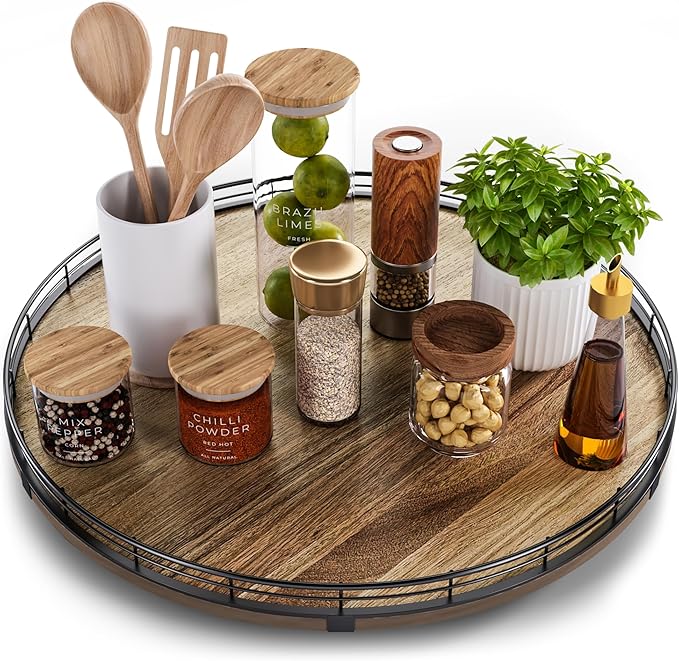 Acacia Wood 18" Lazy Susan Turntable Organizer for Table Top, Farmhouse Large Round Lazy Susan for Cabinet Kitchen Centerpieces Dining Table, for Condiments Charcuterie, Bathroom Vanity Tray Decor