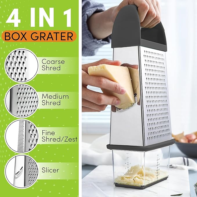 Spring Chef Professional Gray 10" Parmesan Cheese Grater With Container, Stainless Steel & Soft Grip Handle, 4 Sided Kitchen Carrot Shredder, Handheld Box Grater for Potato, Veggie, Ginger, Hashbrown