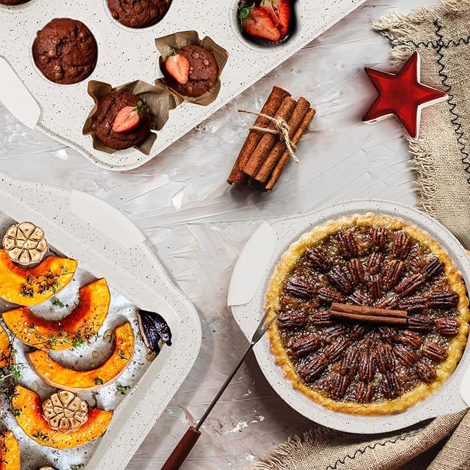 10-Piece Kitchen Nonstick Stackable Bakeware Set, Non Toxic Bakeware Sets with Silicone Handles, Includes Cookie Sheets, Cake Pan, Loaf Pan, Pizza Pan, Muffin Pan, White