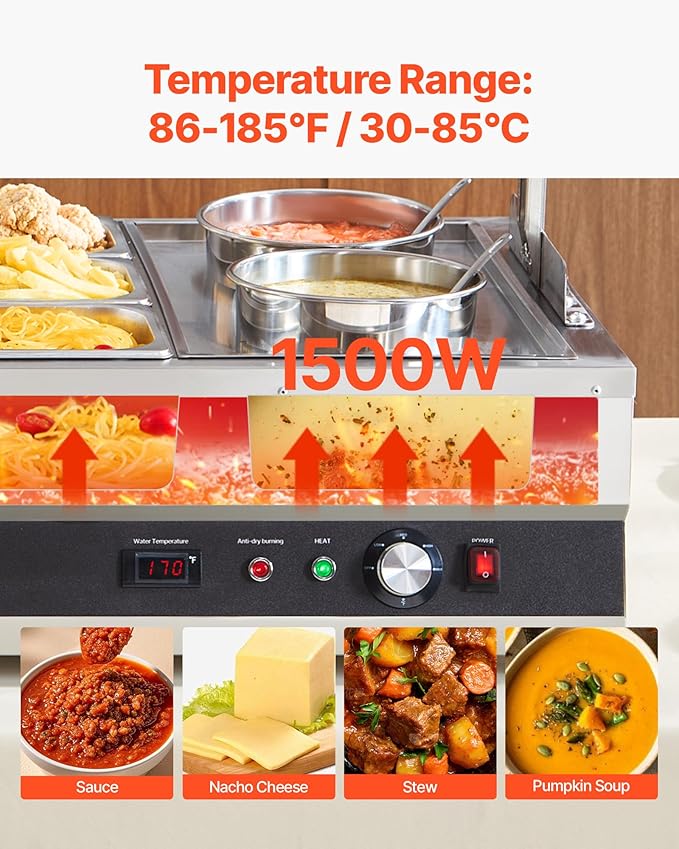VEVOR Electric Soup Warmer, Two 6.34QT Pots & Six 1/3 Pans, Stainless Steel Commercial Food Warmer with 86~185°F Adjustable Temp, 1500W Bain Marie with Cover, Soup Station for Restaurant, Buffet