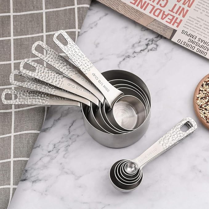 Measuring Cups and Spoons Set 12, Metric & US 18/8 Stainless Steel 5 Measuring Cups &6 Spoons &1 Leveler for Kitchen and Baking