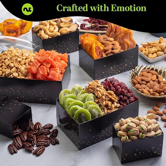 NUT CRAVINGS Gourmet Collection - Congratulations, Nuts & Dried Fruits Tower Gift Basket, with Congrats Ribbon + Greeting Card (12 Assortments) Food Arrangement, Healthy Snack, Food Assortments