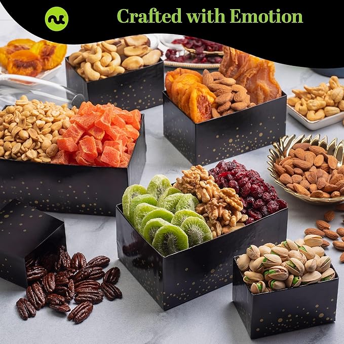NUT CRAVINGS Gourmet Collection - Thank You Appreciation, Nuts & Dried Fruits Tower Gift Basket, with TY Ribbon + Greeting Card (12 Assortments) Food Arrangement, Healthy Snack, Food Assortments