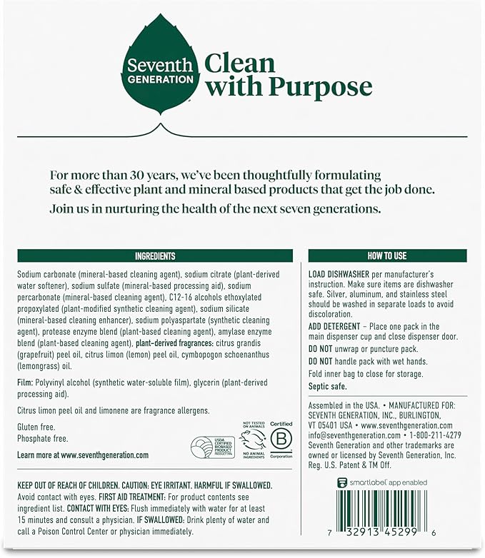 Seventh Generation Dishwasher Detergent Packs Lemon scent 2 Pack for sparkling dishes Dishwasher tabs 45 count