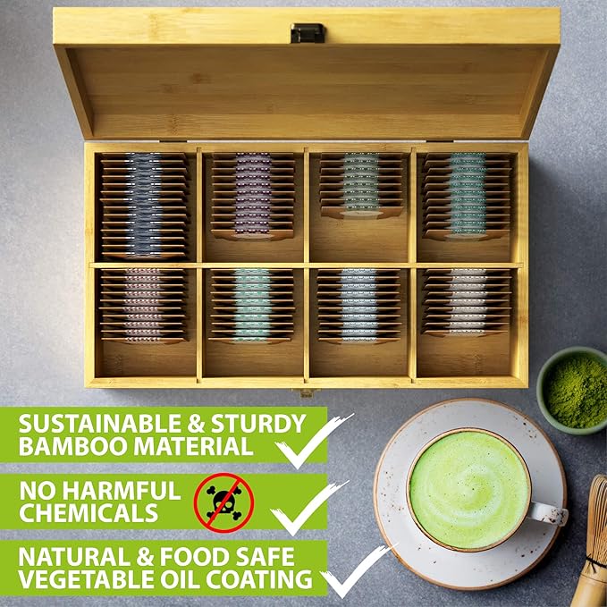 Bamboo Tea Organizer Box Chemical Free Eco-Friendly Big, Tall, Adjustable Cubbies Natural Wooden Storage Chest (8-Slot 14.3" x 8.1" x 4.2" with Tea Time Pot & Cups)