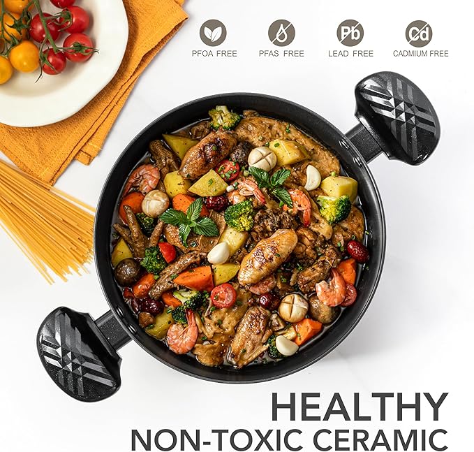 MICHELANGELO Stock Pot with Lid, 6 Quart Soup Pot with Lid, Nonstick Ceramic Cooking Pot with Stay-Cool Handle, Induction Compatible - 6QT, Black