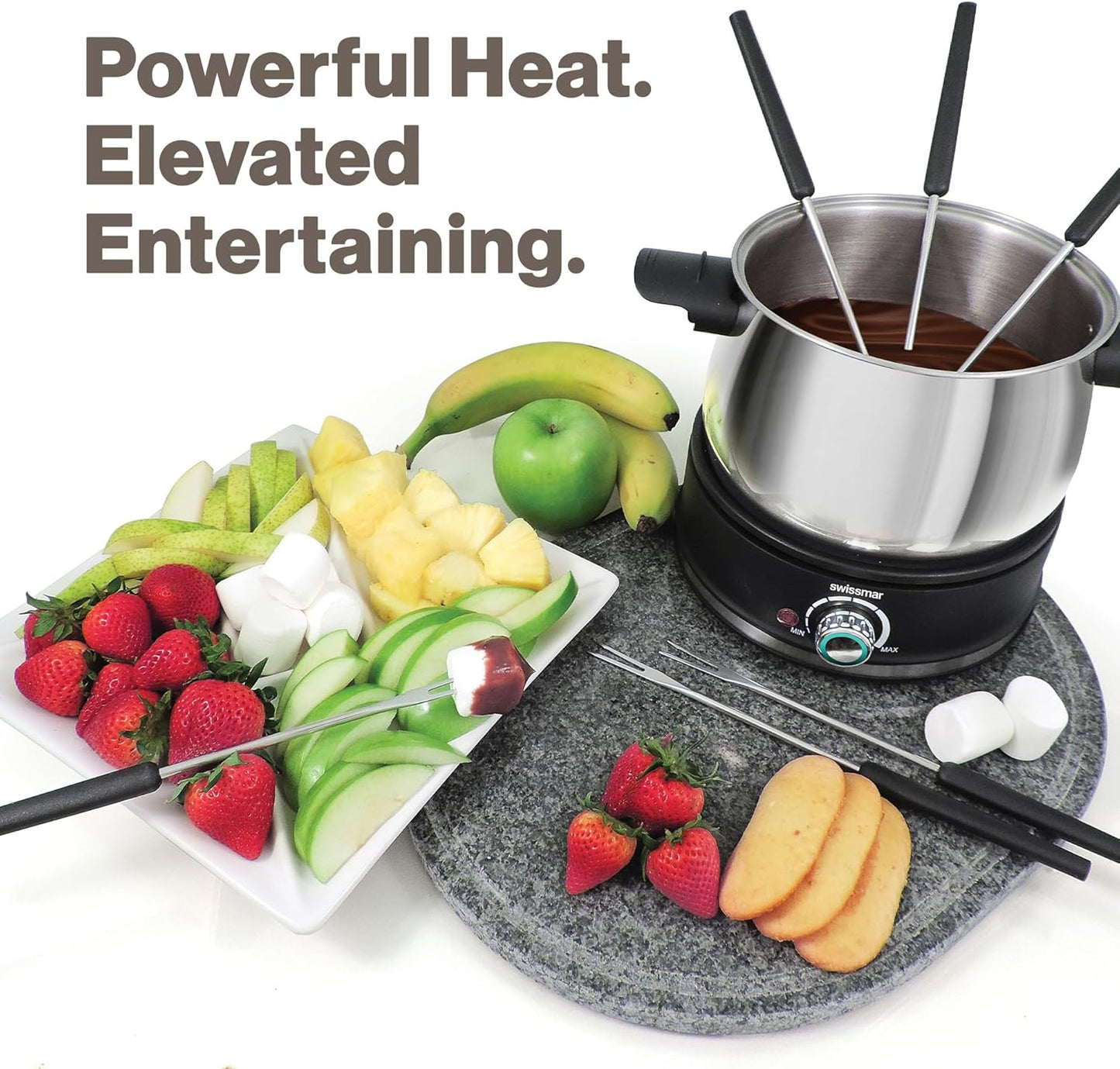 Swissmar Arolla 10 Pieces Stainless Steel Electric Fondue Set - Perfect Fondue Pot Electric Set for Cheese, Caramel, Chocolate, Oil, Broth & More - Gift Ideas for Wedding, House Warming, 2.1 Qt / 2L