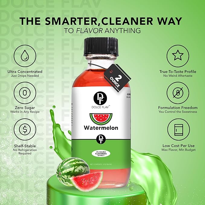 Dolce Flav Watermelon Extract 8 oz – Kosher, Sugar-Free, Concentrated Juicy Watermelon Flavoring for Baking, Chocolates & Desserts, Includes Measured Dropper