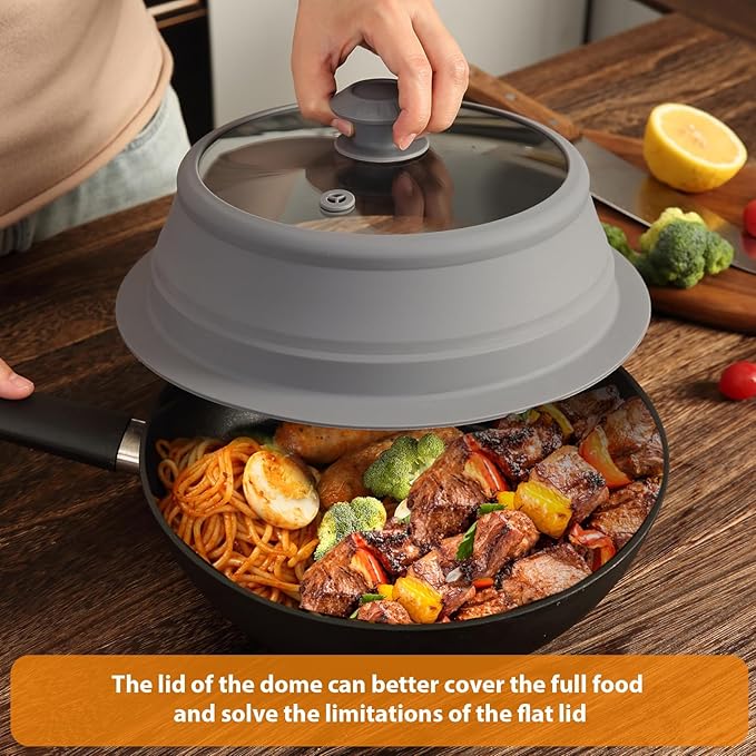 Collapsible Microwave Splatter Lid with Vented Tempered Glass Cover Wok Lid for Microwave Safe, Stockpot Steamer Pot Pan 11-12.5 inch Universal Multifunction Silicone Cover