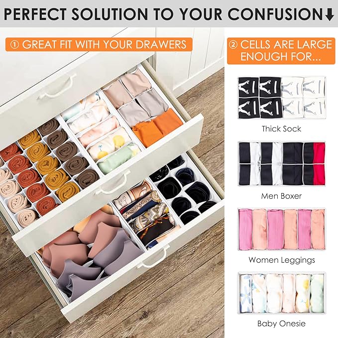 Drawer Organizer Clothes, 8 Pack Dresser Organizer Bins for Baby Clothes, Underwear Sock, Fabric Closet Organization and Storage Dividers for Nursery Bedroom (96 Compartments, White)