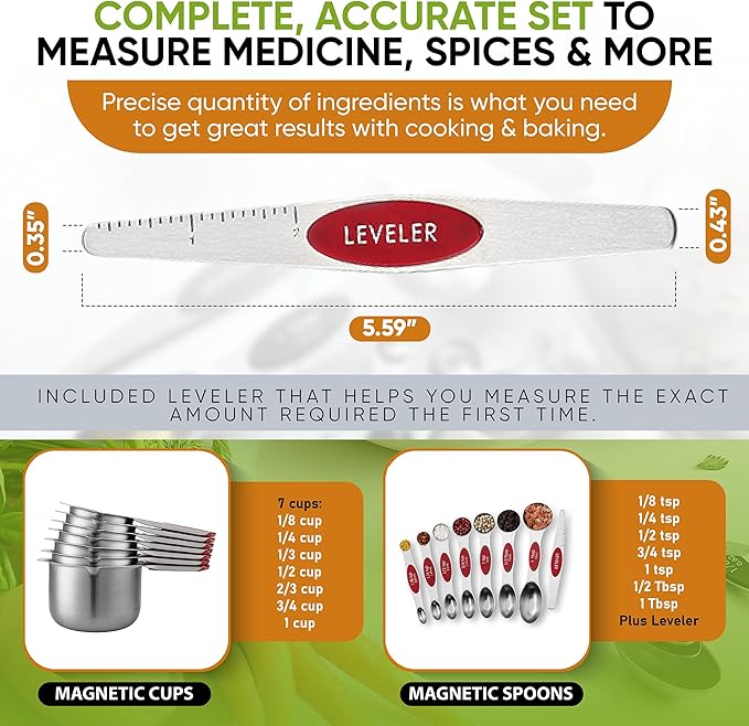 Spring Chef Magnetic Measuring Cups & Spoons Set (Patent Pending), Strong N45 Magnets, Heavy Duty Stainless Steel Fits in Spice Jars for Baking & Cooking, BPA Free, Round Set of 15 with Leveler, Red