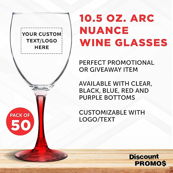 Custom Nuance Wine Glasses by ARC 10.5 oz. Set of 50, Personalized Bulk Pack - Restaurant Glassware, Perfect for Red Wine, White Wine, Cocktails - Red