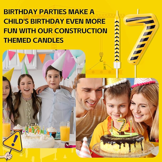 13 Pcs Construction Themed Birthday Candles Set Yellow and Black Number 7 Candle Cake Topper for Construction Party Decoration Supplies (Number 7)