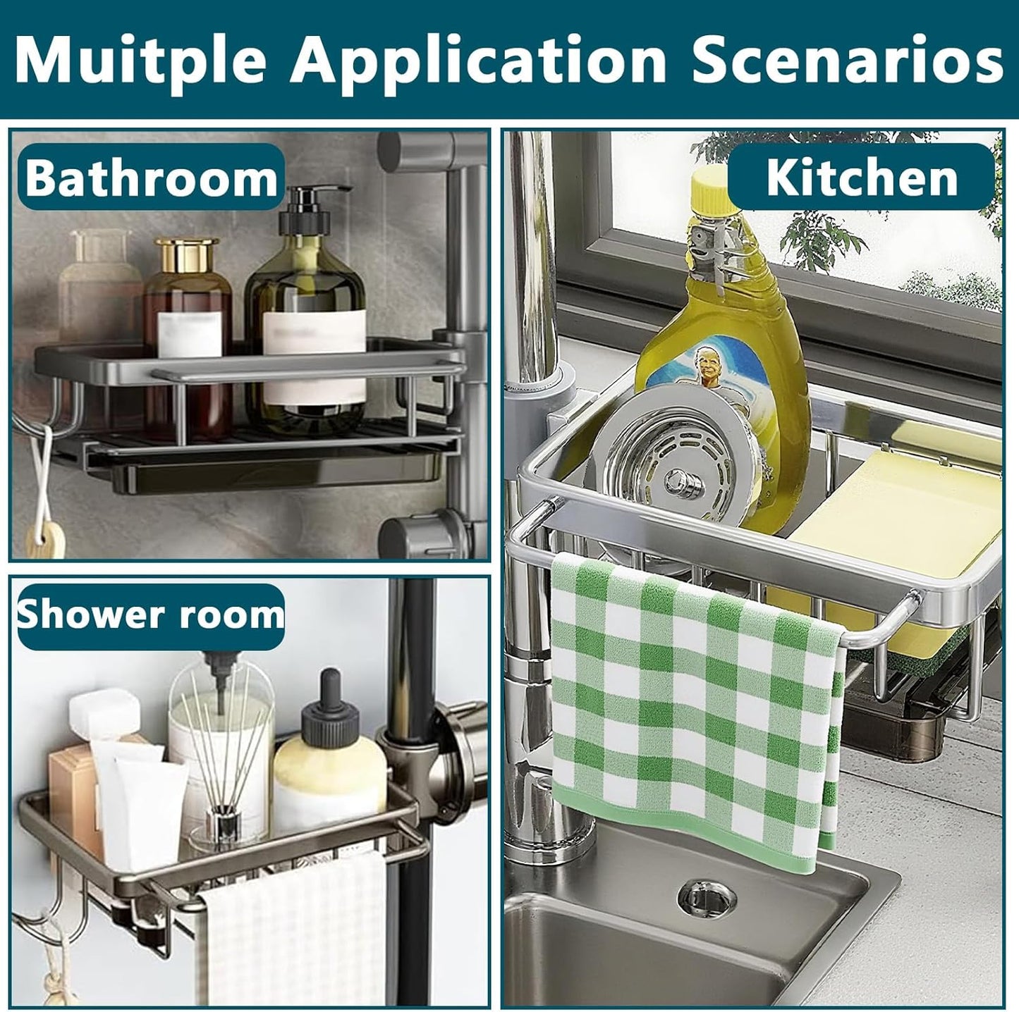 Sink Faucet Organizer Sponge Holder, Over Faucet Sink for 0.7-1.1" Round Water Pipe, Rustproof Caddy Rack, Adjustable Storage Shelf for Kitchen, Bathroom (Either Side Silver)