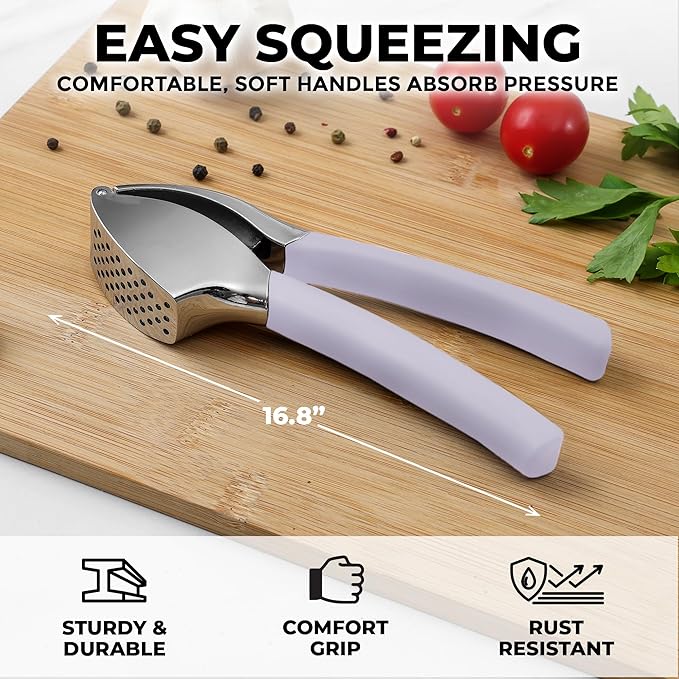 Zulay Kitchen Comfort Grip Garlic Press - Garlic Mincer Tool - Garlic Crusher - Garlic Press Mincer Rust Proof, with Soft Ergonomic Handle, Easy Clean Set with Peeler and Brush - Lavender