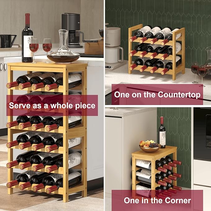 6 Tier Wine Rack Freestanding Floor, 24 Bottles Wine Storage Shelves with Table Top, Stackable Wine Display Rack for Kitchen, Bar, Dining Room, Natural Bamboo Finish