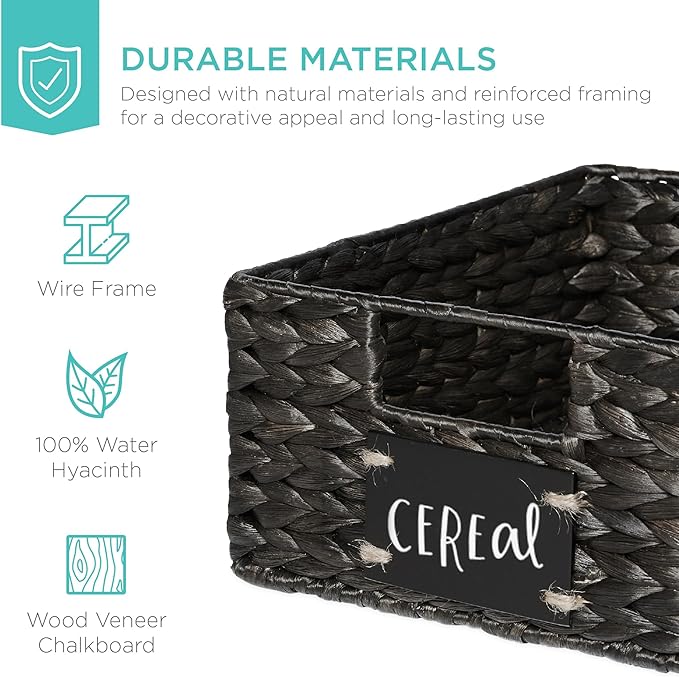 Best Choice Products Set of 4 9x12in Water Hyacinth Pantry Baskets, Woven Organizers w/Chalkboard Label, Chalk Marker - Black