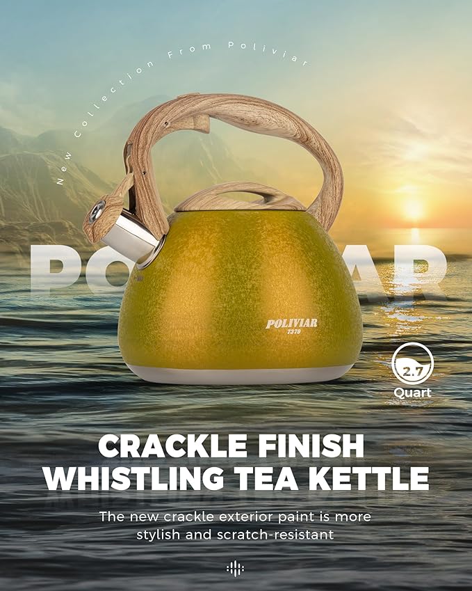 POLIVIAR Tea Kettle, 2.7 Quart Stovetop Tea Kettle, Audible Whistling Teapot with Crackle Finish, Food Grade Stainless Steel for Anti-Rust, Anti Hot Handle, Suitable for All Heat Sources (JX2023-LRY)