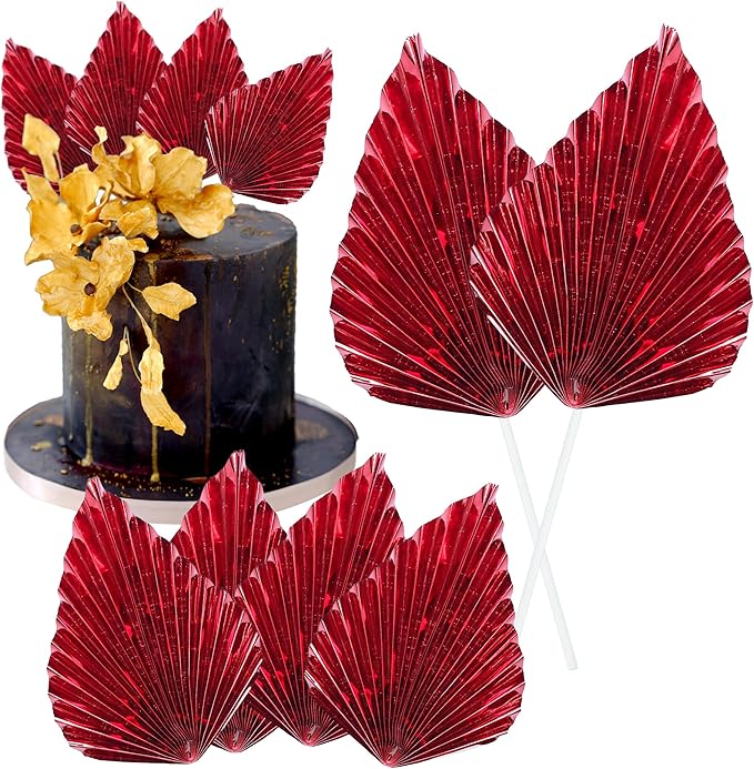 Gyufise 6Pcs Paper Palm Fan Cake Toppers Palm Spear Leaves Fan Cupcake Toppers Cake Insert Decorations Craft DIY Cake Bakeware Decoration for Birthday Party Wedding Party Decor Supplies Light Red