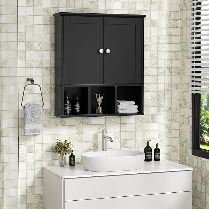 Shintenchi Bathroom Wall Cabinet with Door, Storage Organizer Over The Toilet Medicine, Space Saving with Adjustable & Open Shelf, Black