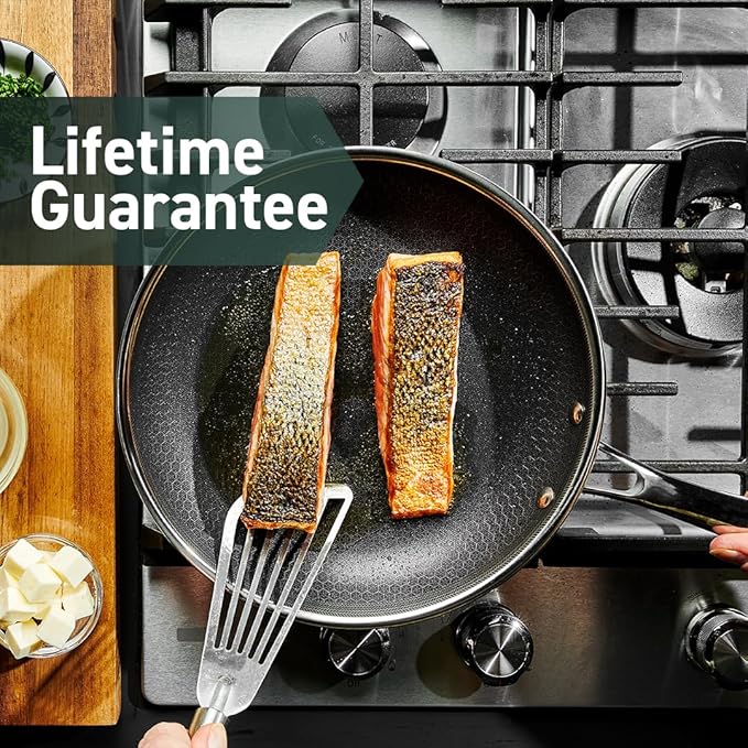 HexClad Hybrid Nonstick 10-Inch Frying Pan with Tempered Glass Lid, Stay-Cool Handle, Dishwasher-Friendly, Oven-Safe Up to 900°F, Induction Ready, Compatible with All Cooktops