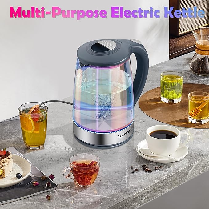 TOPWIT Electric Kettle, Colorful Glass Tea Kettle, 2.0L Hot Water Kettle Electric, BPA-Free Stainless Steel Lid & Bottom, Electric Kettles for Boiling Water, Auto Shut-Off & Boil Dry Protection, Grey