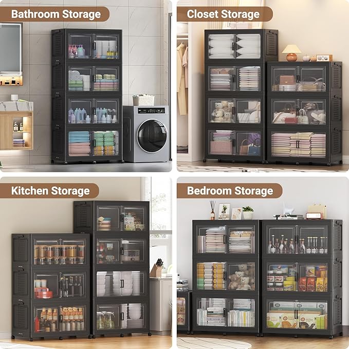 19.5" H 50Gal Plastic Storage Bin with Lid & Wheels,1Pack Extra Large Stackable Storage Bin with Divider,Closet Organizers and Storage Cabinet Shelves Collapsible Box for Home Kitchen,Black