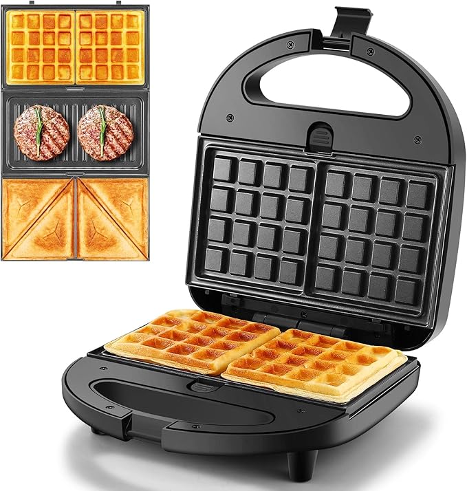 OSTBA 3-in-1 Sandwich Maker with Removable Plates, Panini Press, Waffle Maker, Toaster, Non-Stick, 750W Compact Breakfast Grill for Sandwiches, Waffles, Steak, Black