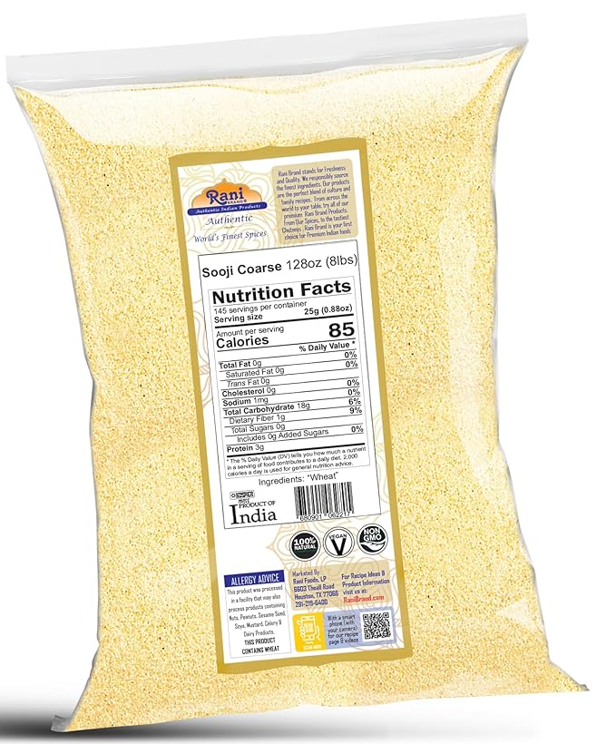 Rani Sooji Coarse (Farina, Suji, Rava, Rawa, Wheat Semolina) Flour 128oz (8lbs) 3.63kg Bulk ~ All Natural | Vegan | NON-GMO | Kosher | Indian Origin
