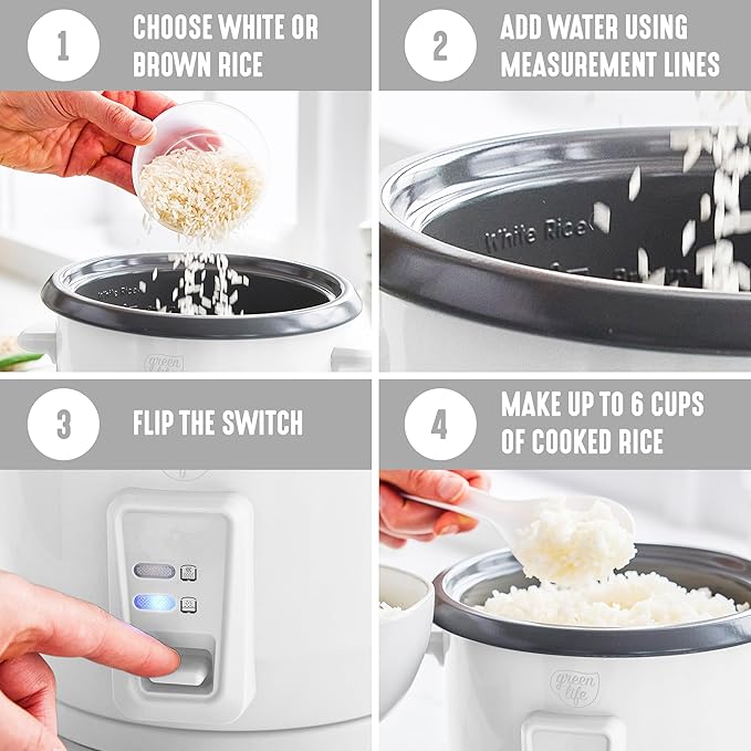 GreenLife Electric Rice Cooker, 3-Cups Uncooked/6-Cups Cooked, Removable PFAS-Free Nonstick Pot, One-Switch Design, Auto Keep Warm, Small Space Saving, Rice Paddle, Soup, Grains, Oatmeal, 1.5 QT, White