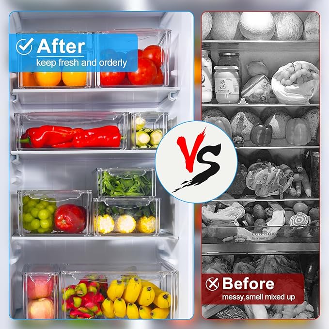 14 Pack Fridge Organizer, Stackable Refrigerator Organizer Bins with Lids, BPA-Free Produce Fruit Storage Containers for Storage Clear for Kitchen, Food, Drinks, Vegetable Storage
