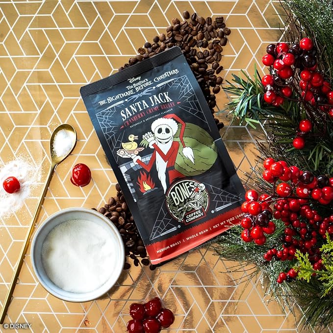 Bones Coffee Company The Nightmare Before Christmas Santa Jack Flavored Coffee Beans, Medium Roast Ground Coffee Low Acid, Cranberry Creme Brulee Flavor (12 oz)