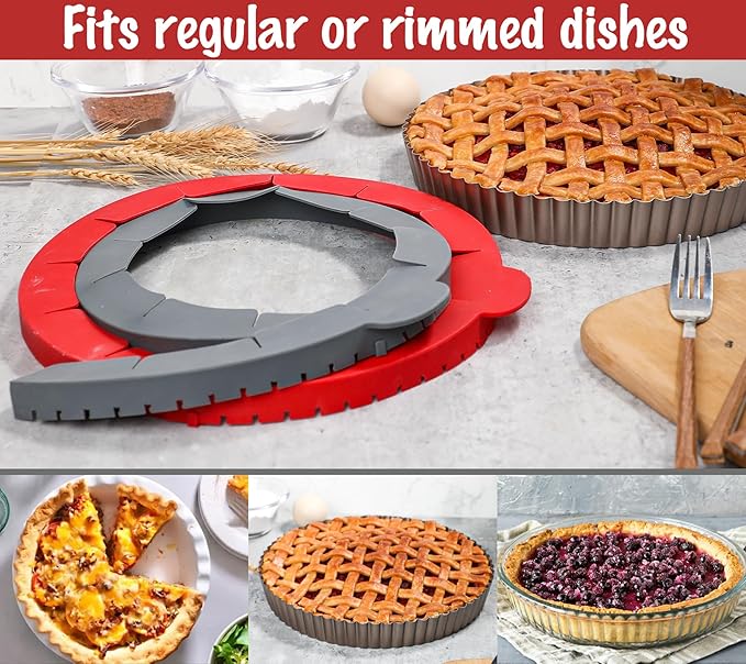 Webake Pie Crust Protector Shield Adjustable Pie Crust Shield Fits 11.5-9 Inch Pie Pan, European Food Grade Silicone Pinch Test Passed, for Baking Party Pie Tart, Pack of 2, Red and Grey
