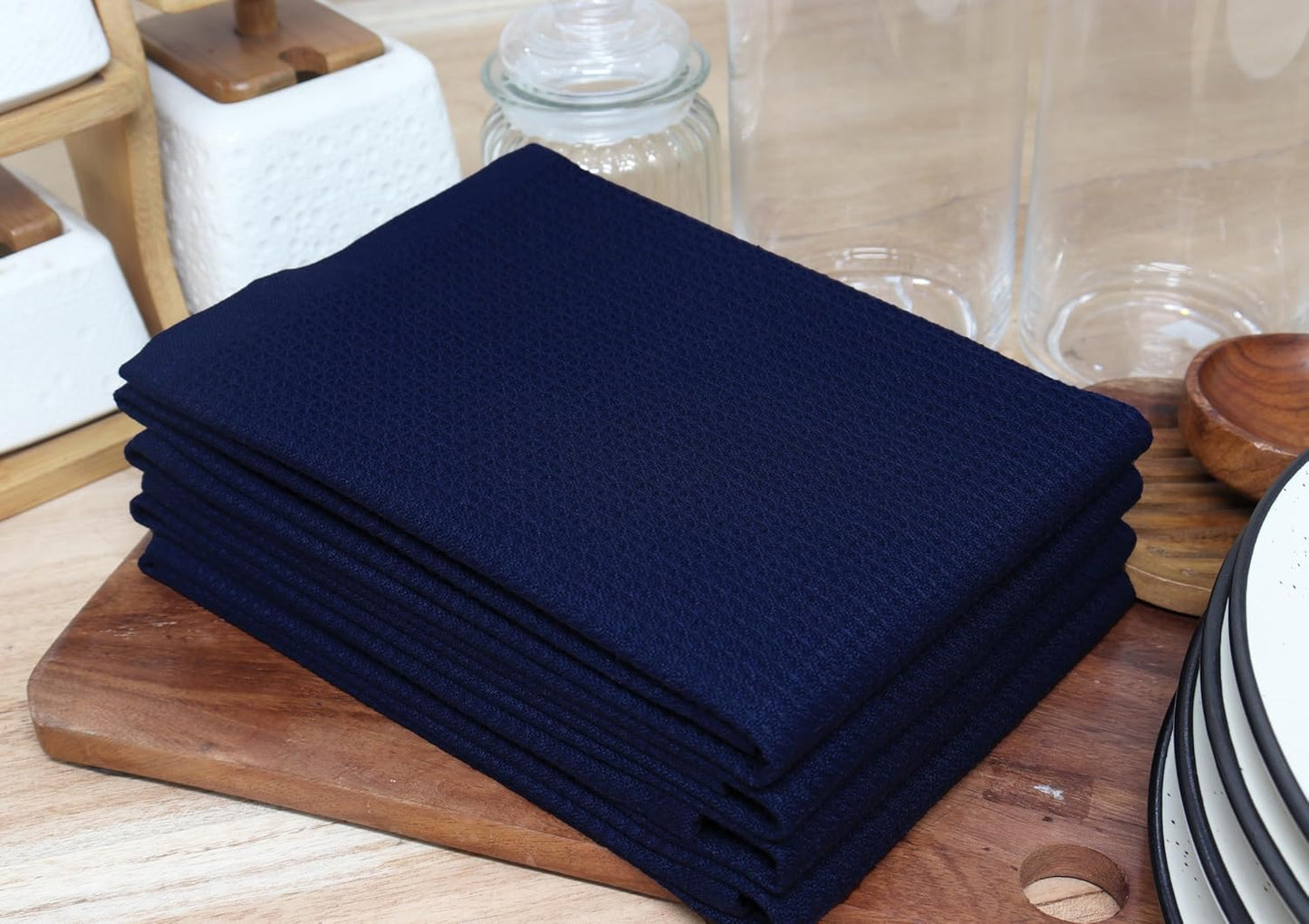 PurpleEssences Waffle Weave Kitchen Towel, 100% Cotton - 15 x 25 Inches, with Hanging Loop Ultra Soft Absorbent Quick Drying Dish Cloth, Tea and Hand Towels, 6 Pack - Navy Blue