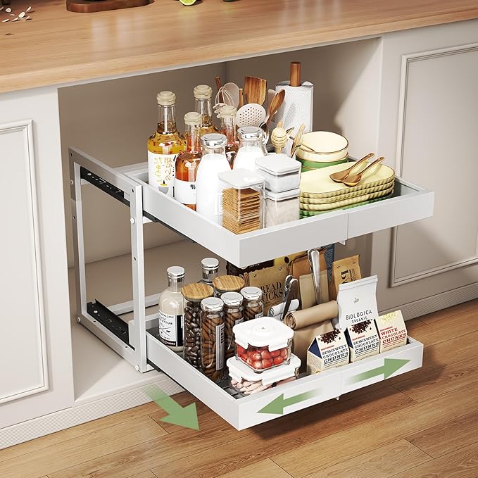 2 Tier Pull Out Cabinet Organizer ,Adjustable Width & Height,Expandable Pull-Out Drawers For Cabinets, Slide Out Shelves for Kitchen Cabinets / Countertop / Pantry,Heavy-Duty & Easy to Install(White)