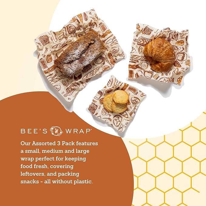 Bee's Wrap Beeswax Wraps for Food - Bakery Lane 3 Pack (S, M, L) Made in USA Reusable & Organic Food Wraps, Sandwich Wrap & Bowl Covers - Eco-Friendly Alternative to Aluminum Foil & Plastic Wrap