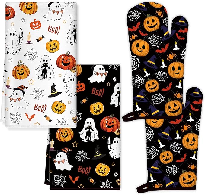 Halloween Pumpkin Kitchen Towels and Oven Mitts Set 4Pcs, Soft Absorbent Dish Cloth Heat Resistant Oven Gloves for Cooking Baking Kitchen Decoration, Gifts for Her