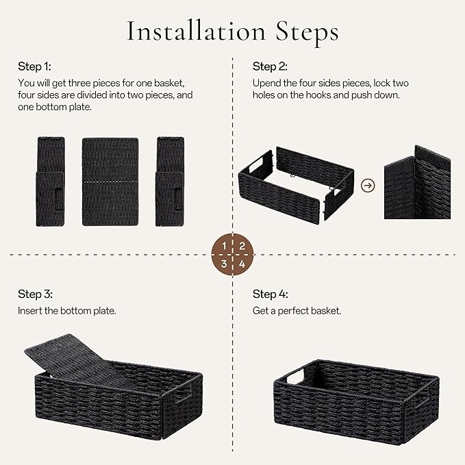 UBBCARE 2 Pack Wicker Basket, 11.5L×7.5H×3.5W inch Woven Paper Rope Storage Baskets for shelves, Foldable Rectangular Storage Baskets with Handle, Storage Basket for Organizing, Black