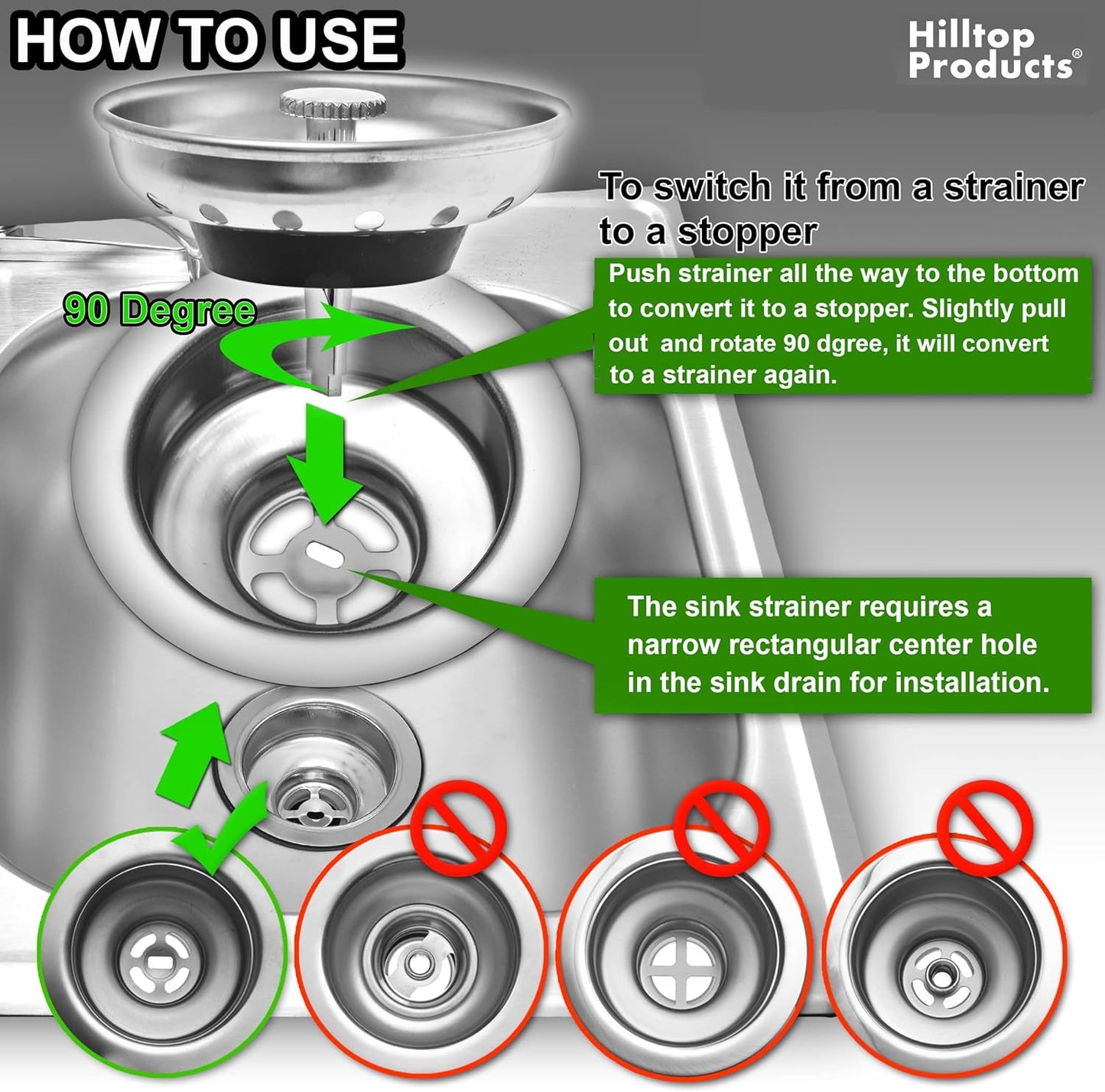 2 Pack - Kitchen Sink Strainer and Stopper Combo Basket Replacement for Standard 3-1/2 inch Drain, Stainless Steel Basket with Plastic Knob, Rubber Stopper Bottom - Hilltop Products