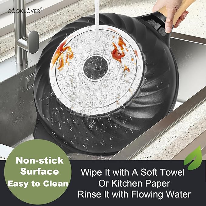 COOKLOVER Nonstick Woks And Stir Fry Pans Die-cast Aluminum Scratch Resistant 100% PFOA Free Induction Wok pan with Lid 12.6 Inch - BK