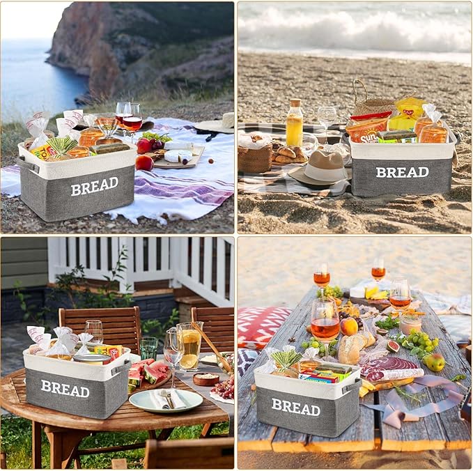 Bread Storage Basket for Kitchen, Foldable Fabric Bread Keeper Bread Storage Container Bin with Handles, Bread Baskets for Kitchen Counter and Pantry (White & Grey)
