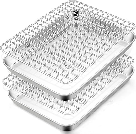 TeamFar Toaster Oven Pan with Rack Set, 9 x 7 x 1 Inch Stainless Steel Mini Baking Pan Tray with Grid Rack for Baking Roasting Cooling, Non-Toxic & Heavy-Duty, Dishwasher Safe, (2 Pans + 2 Racks)
